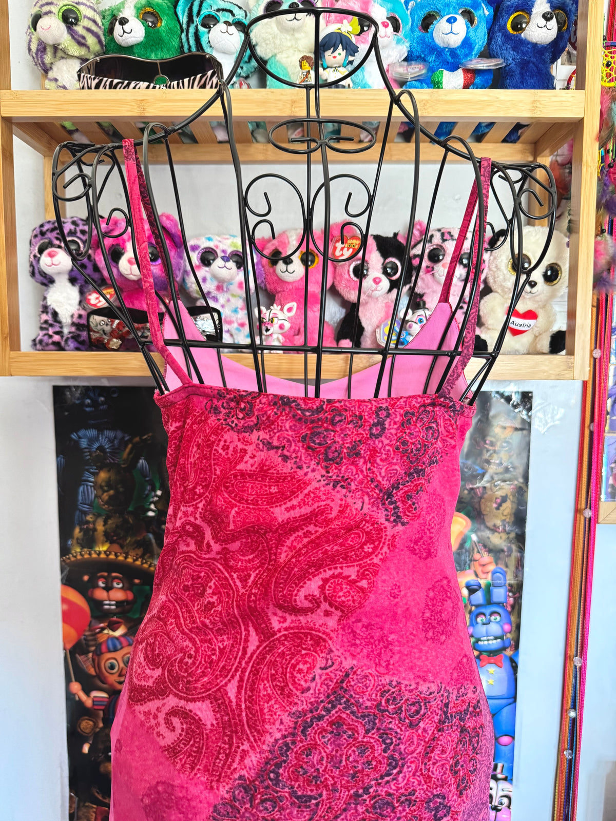 y2k vintage pink paisley print patchwork style midaxi length mesh dress