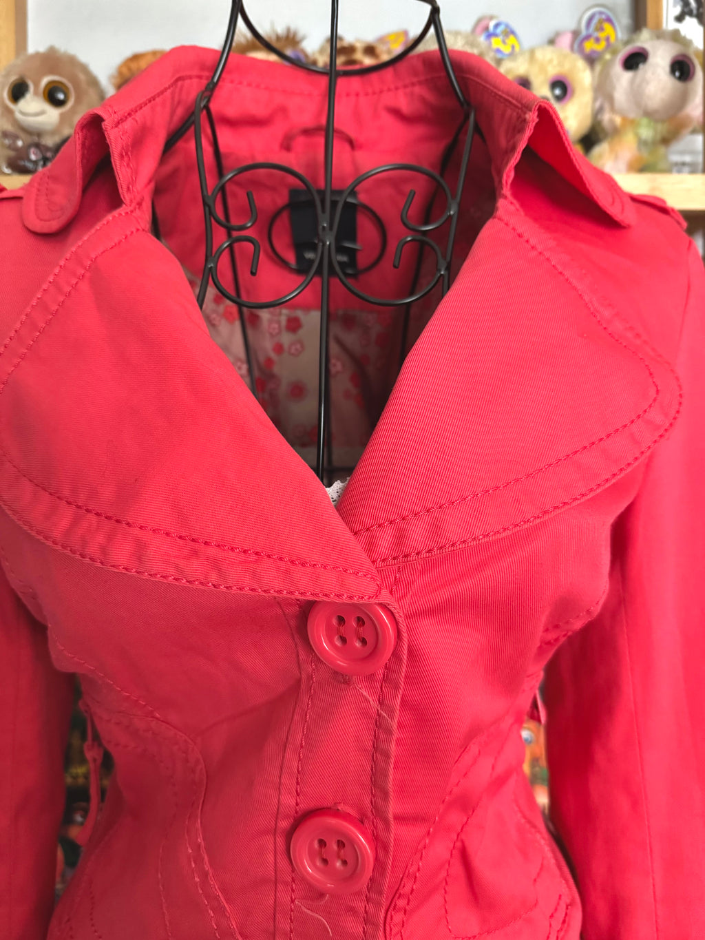 y2k vintage coral red fitted bomber jacket peacoat with zip pockets and chunky buttons