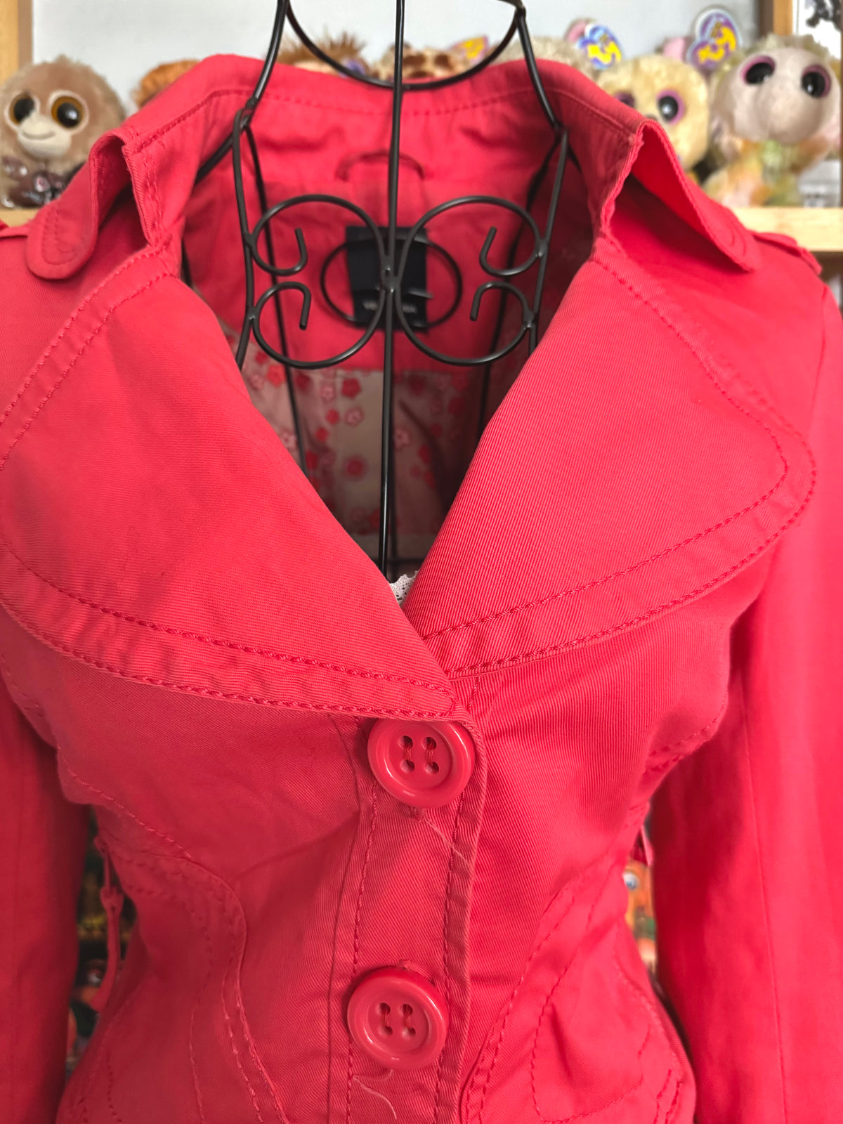 y2k vintage coral red fitted bomber jacket peacoat with zip pockets and chunky buttons