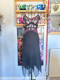 y2k vintage silk black and pink butterfly sequin embellished floaty fairy hem midaxi length dress