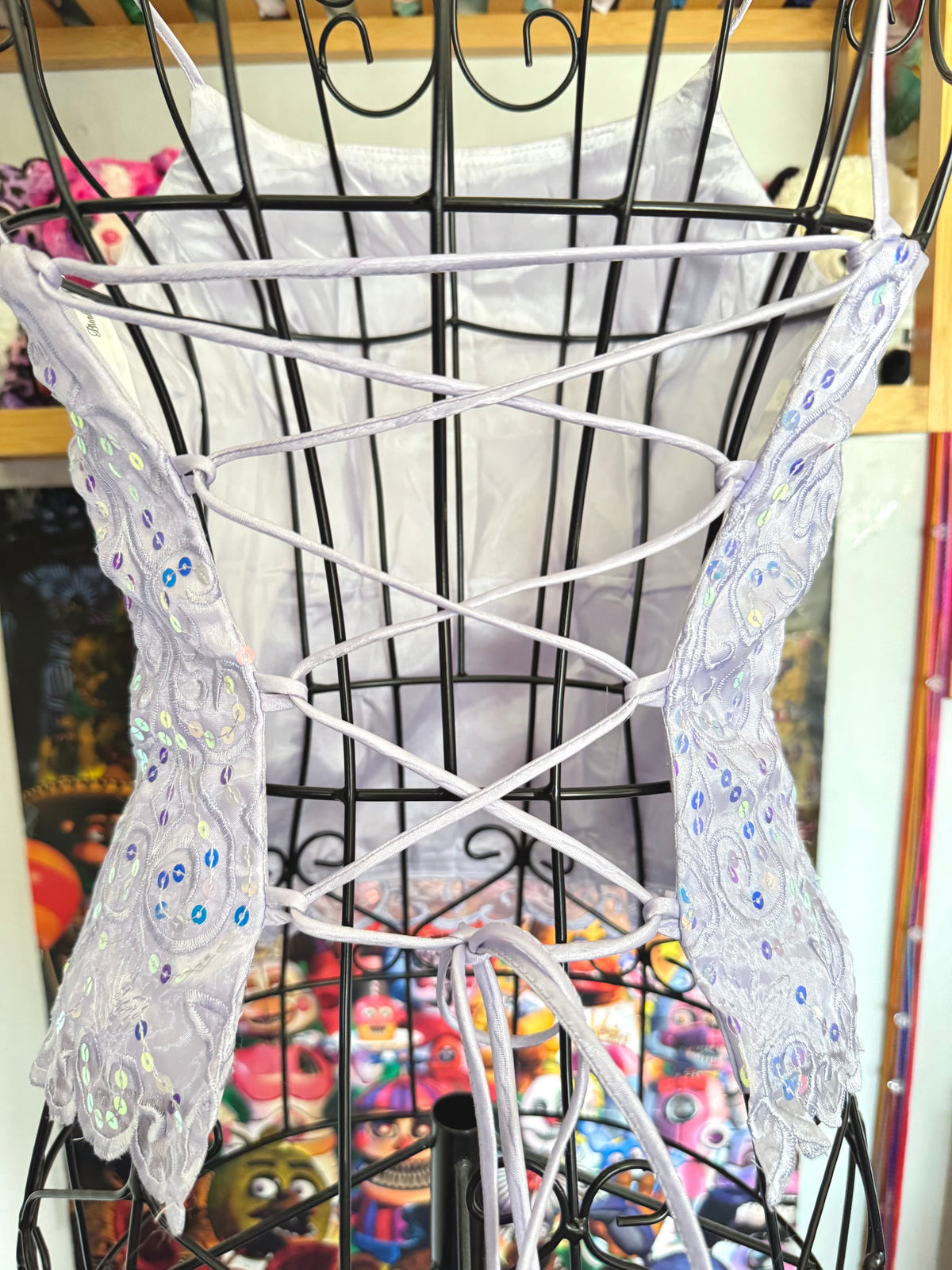 y2k vintage lilac purple lace back cropped and fitted corset top with sequins embellished