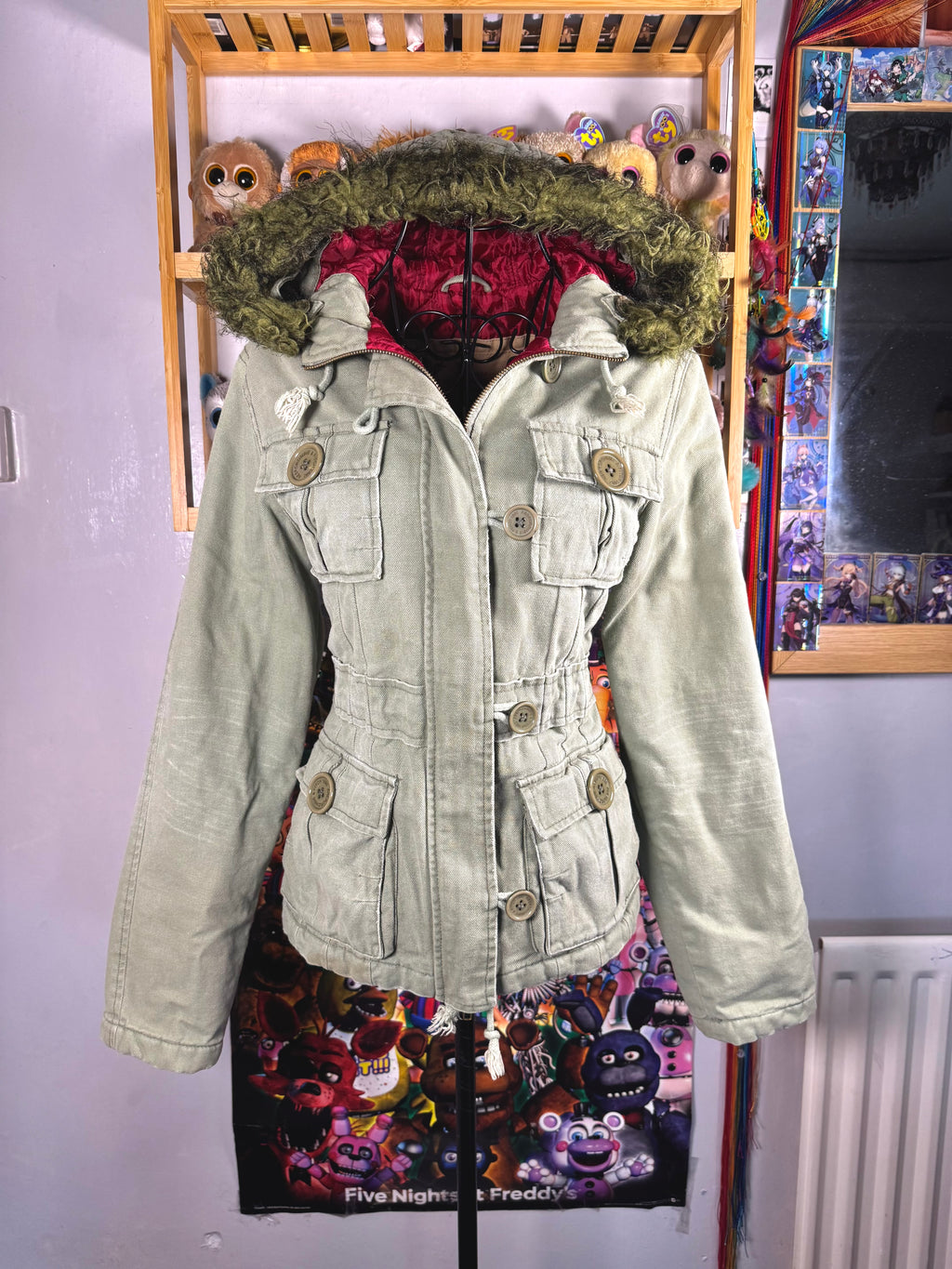 y2k vintage sage green fitted button up parka jacket with faux fur trim hood and cinch waist