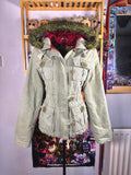 y2k vintage sage green fitted button up parka jacket with faux fur trim hood and cinch waist