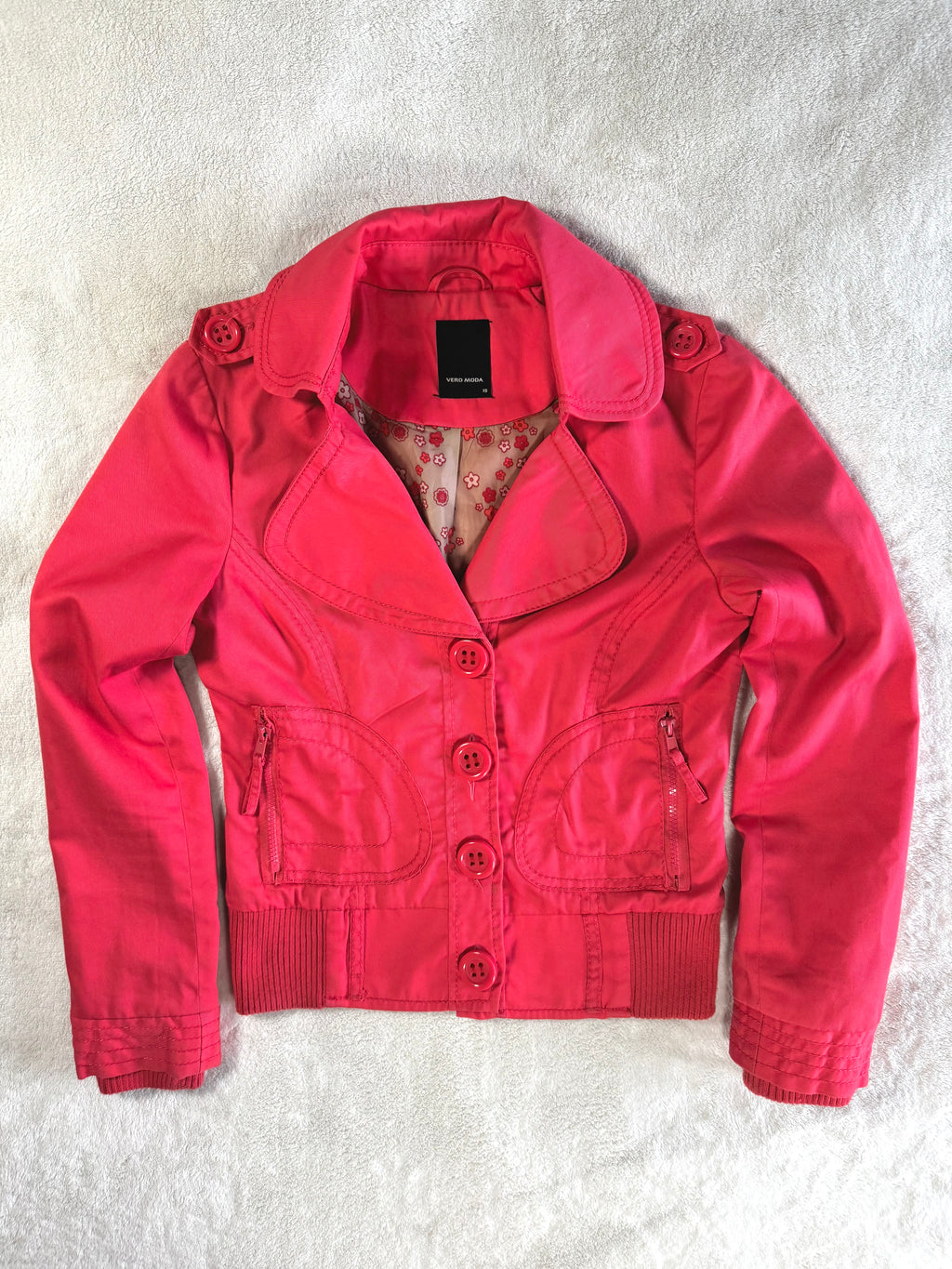 y2k vintage coral red fitted bomber jacket peacoat with zip pockets and chunky buttons