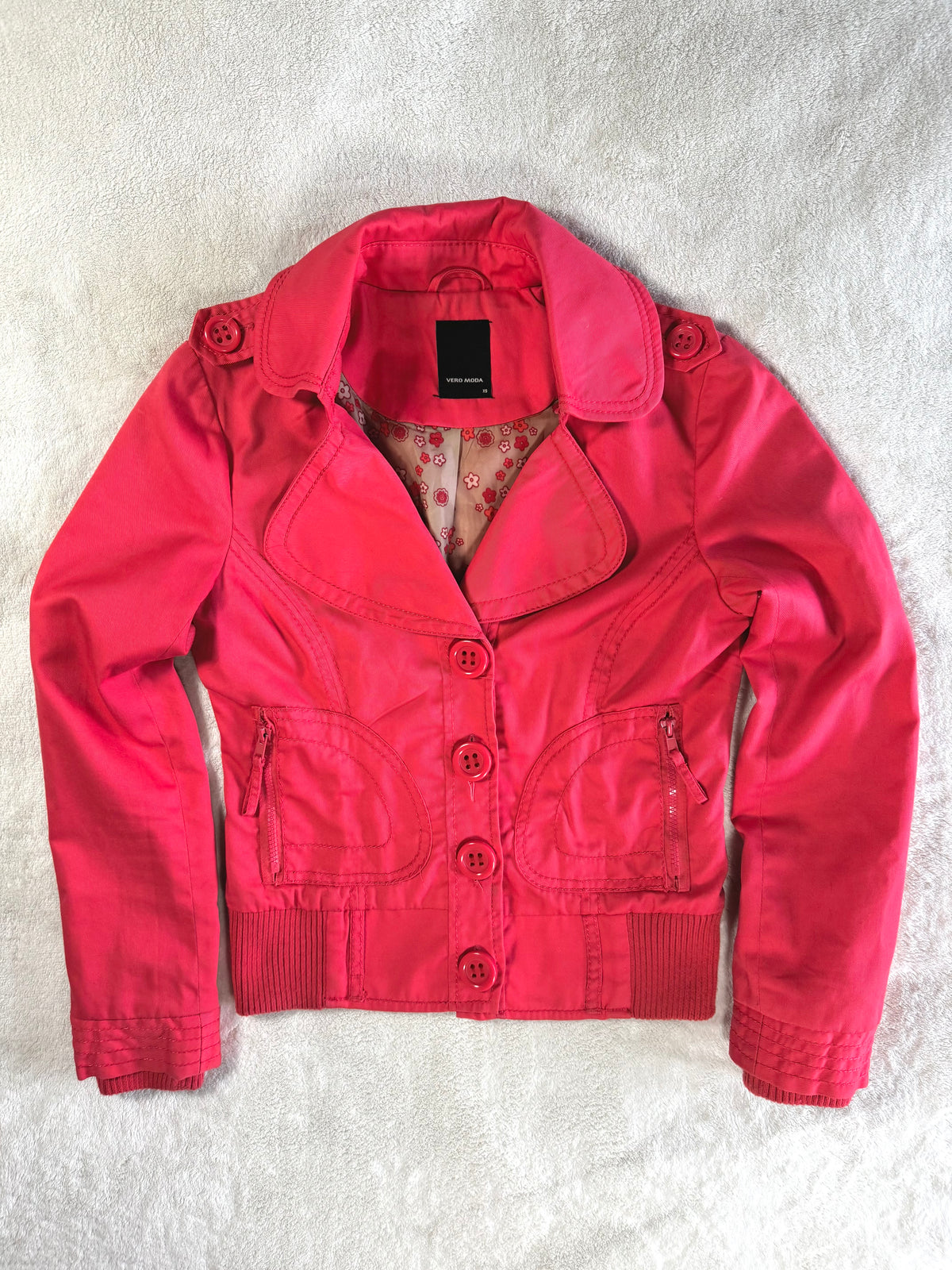 y2k vintage coral red fitted bomber jacket peacoat with zip pockets and chunky buttons