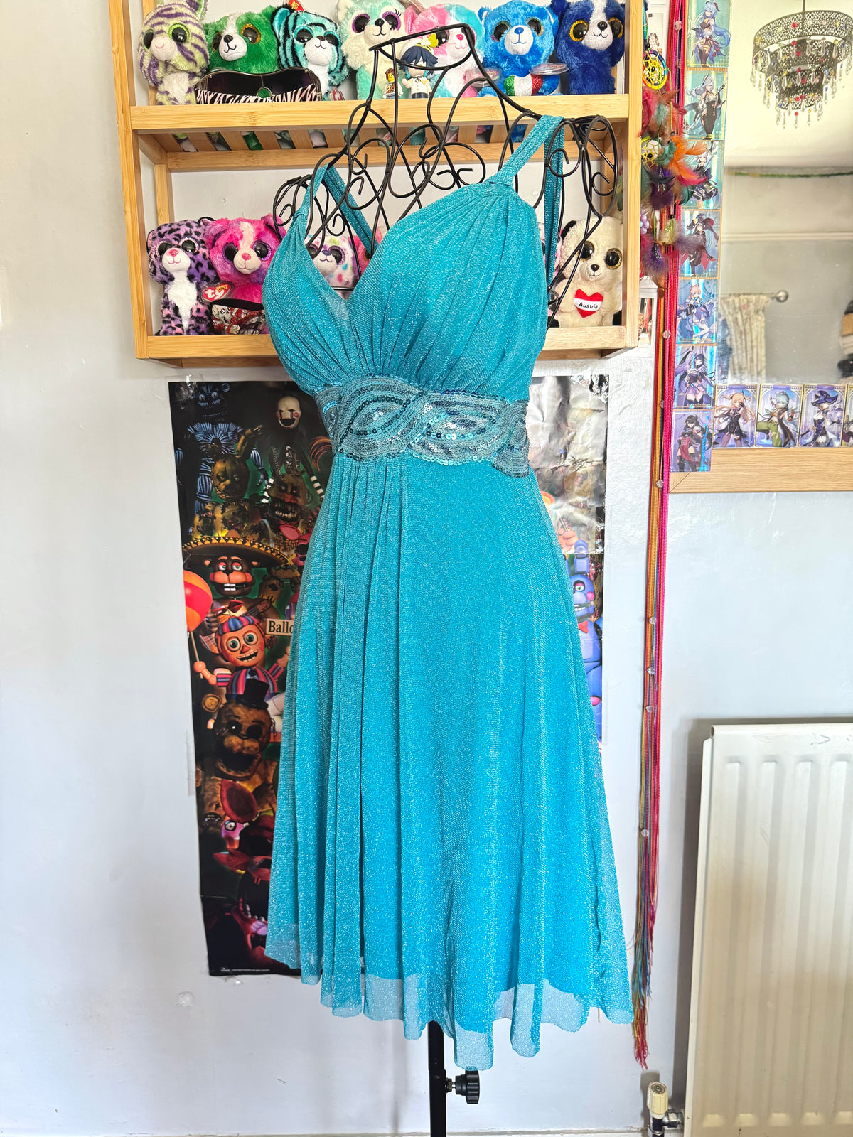 y2k vintage aqua blue shimmery tie back sequin mesh mini dress