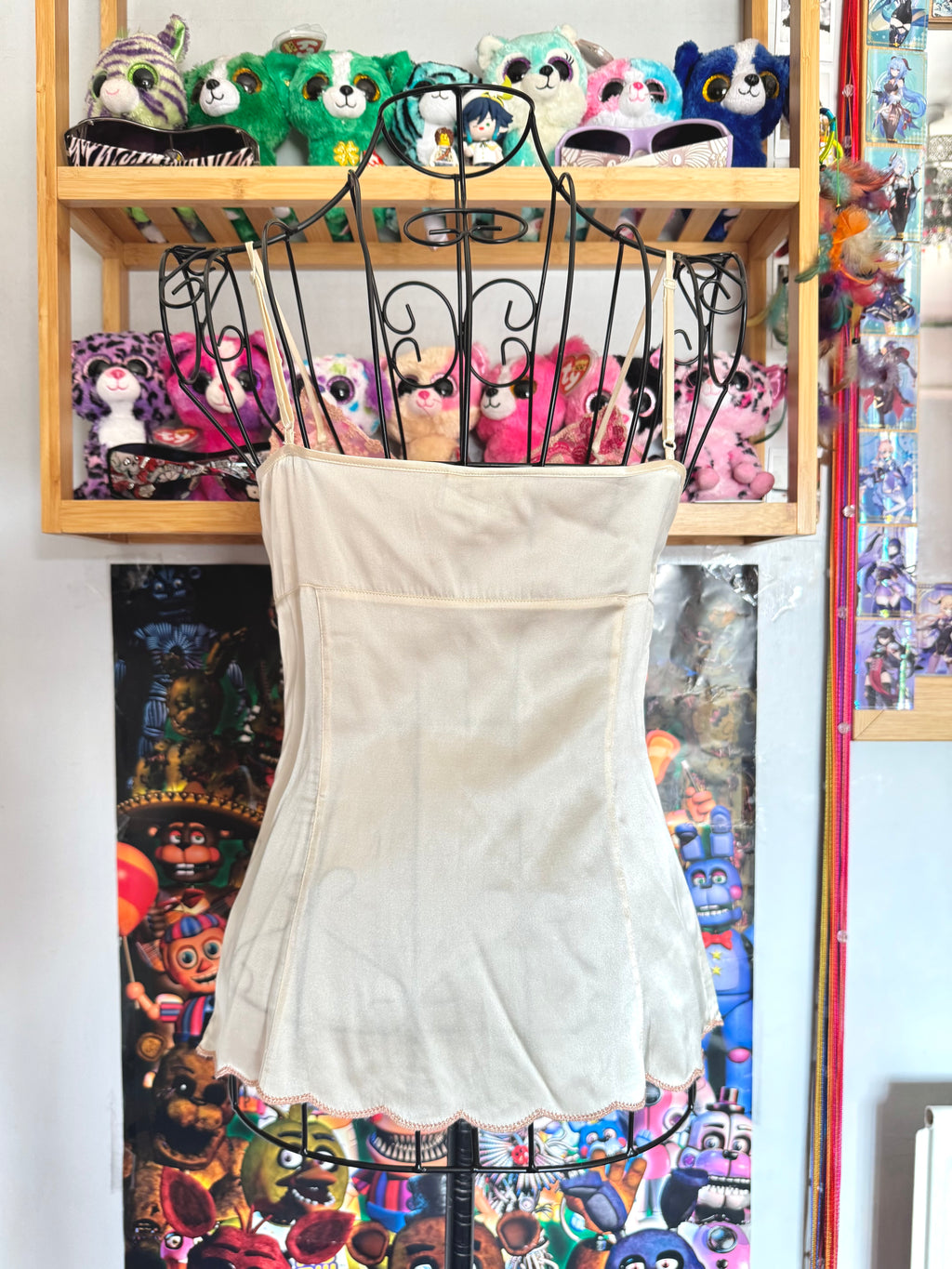 y2k vintage silk ivory white fitted cami top with pink floral embroidery