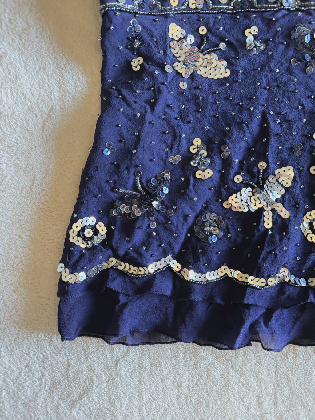 y2k vintage silk royal blue crisscross back fitted slightly cropped cami with butterfly sequins