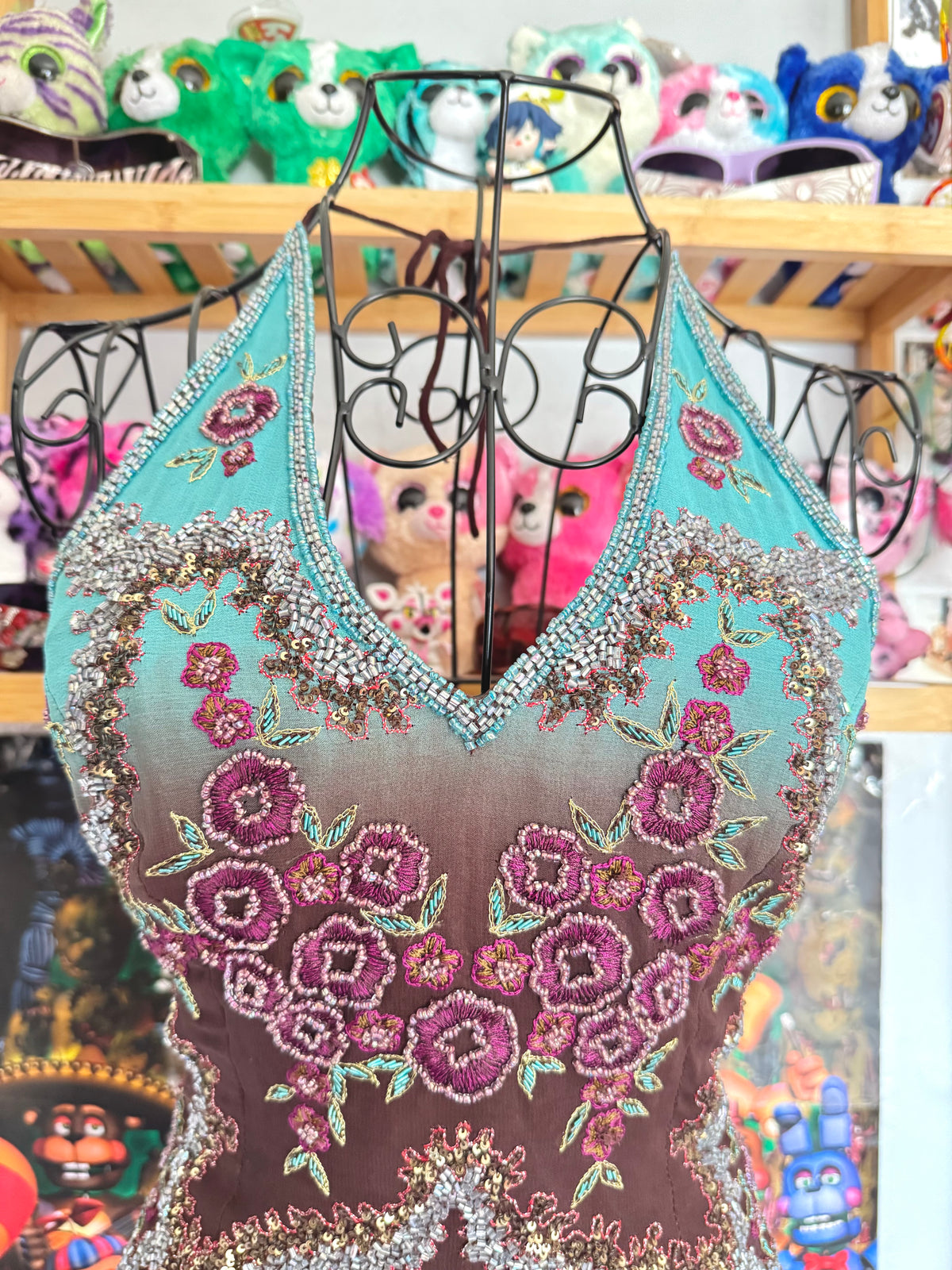 y2k vintage ombre turquoise and brown Aftershock silk lace back corset halter top