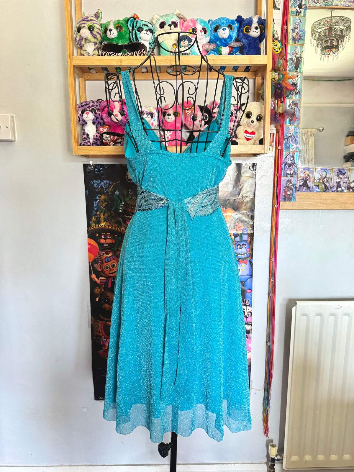 y2k vintage aqua blue shimmery tie back sequin mesh mini dress
