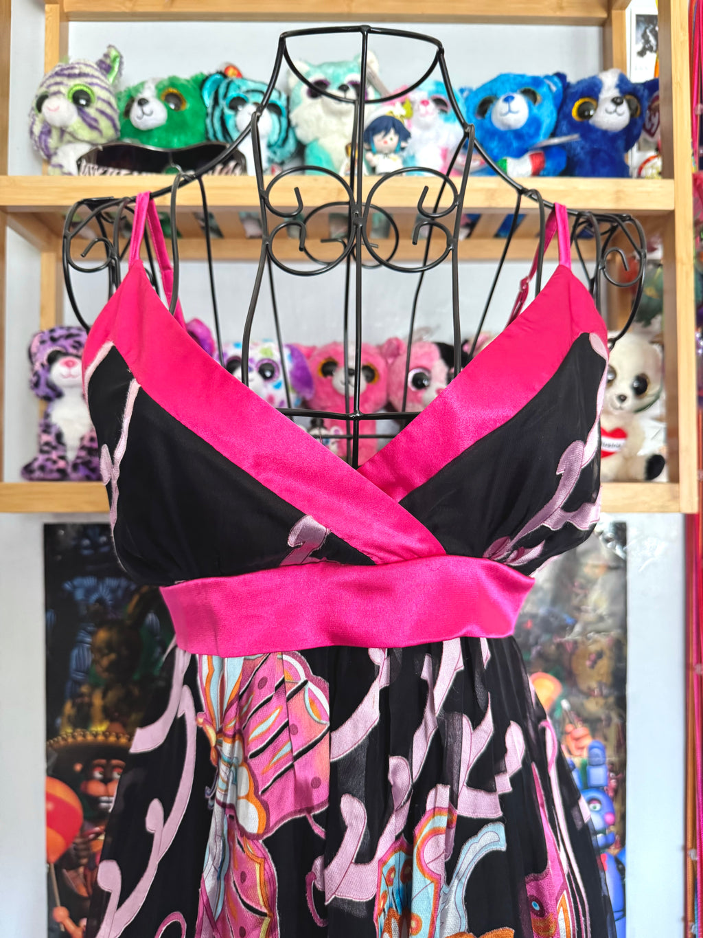y2k vintage silk black and pink tie back butterfly cami top