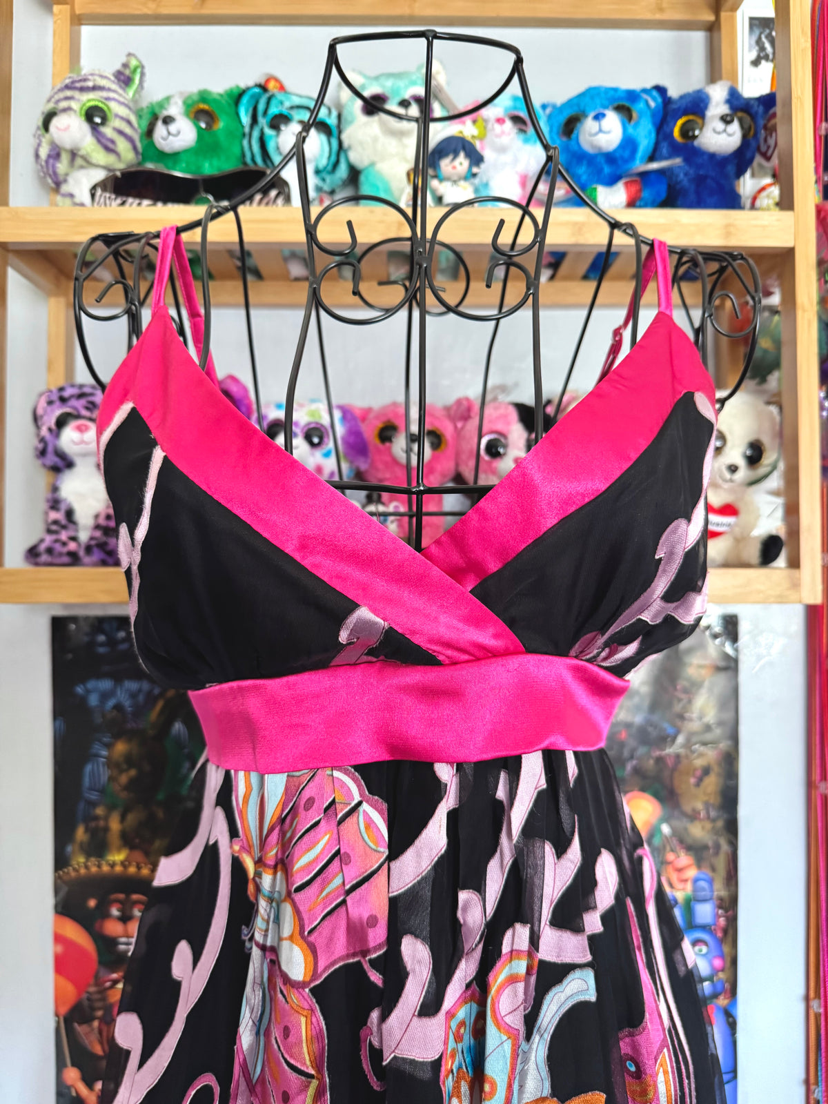 y2k vintage silk black and pink tie back butterfly cami top