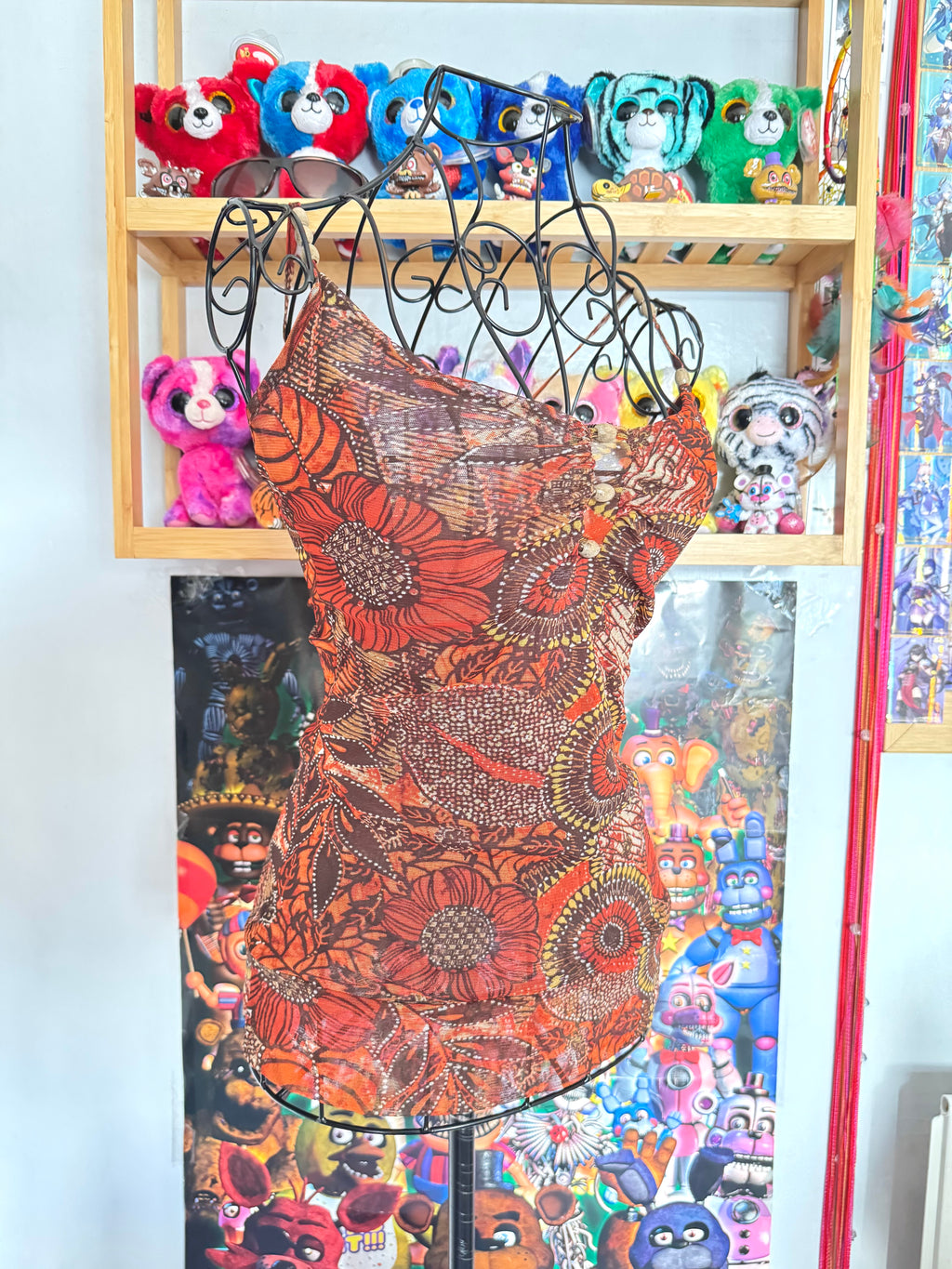 y2k vintage orange floral mesh cami top with wooden beading