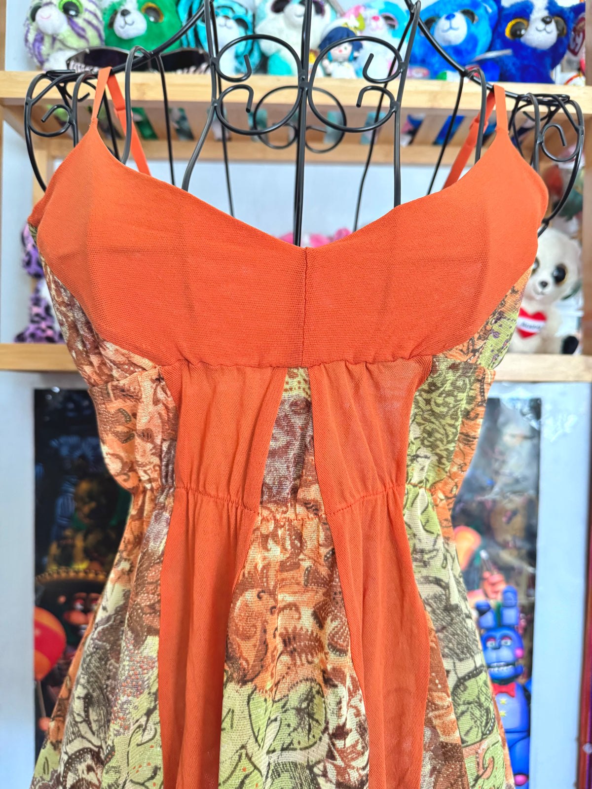 y2k vintage mesh ruffled orange and green floral autumnal cami top