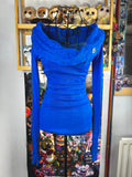 y2k vintage royal blue off shoulder fitted long sleeved top with ribbed knit detail