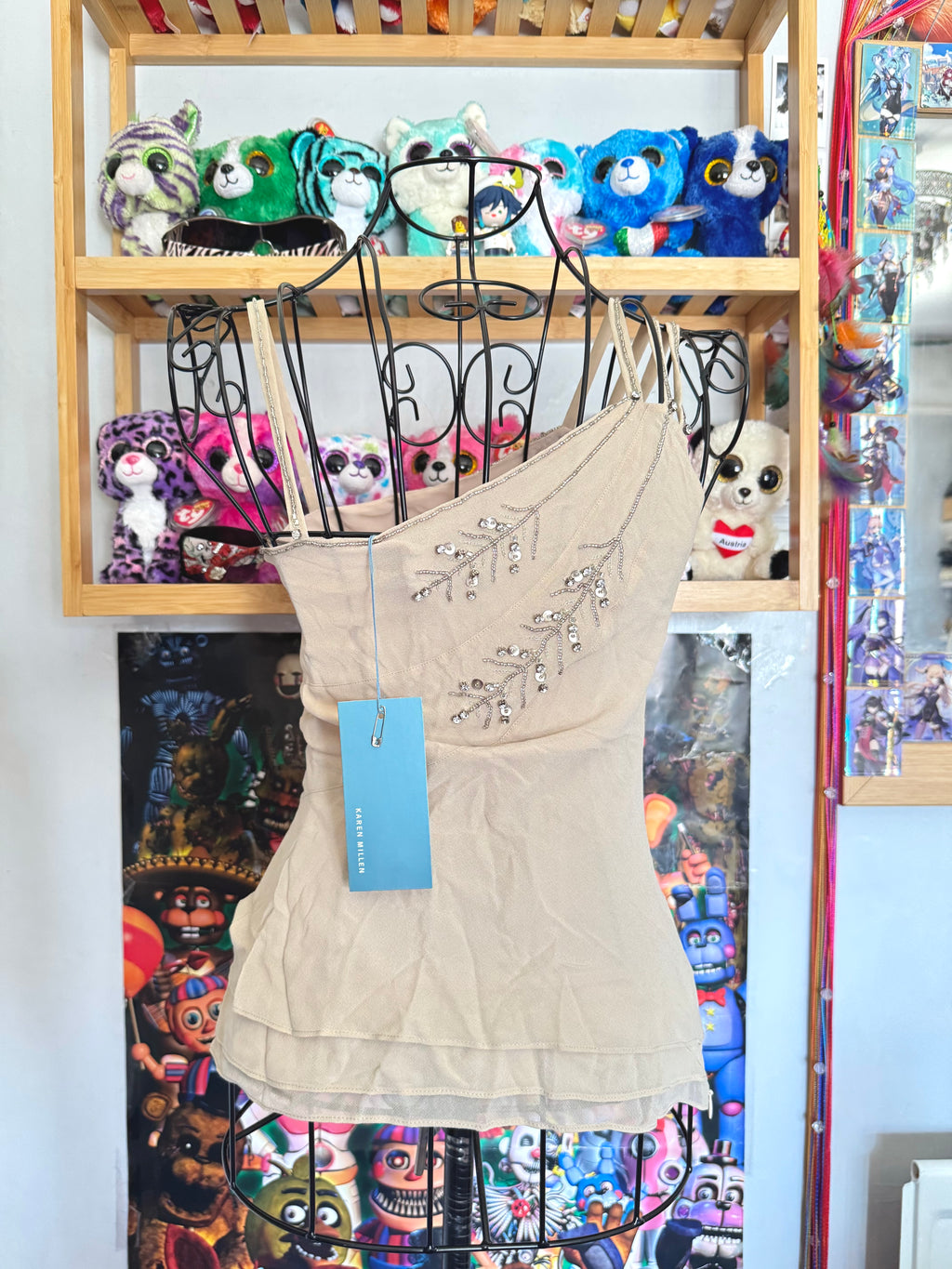 y2k vintage bnwt deadstock beige fitted layered silk cami top with feathering and sequins