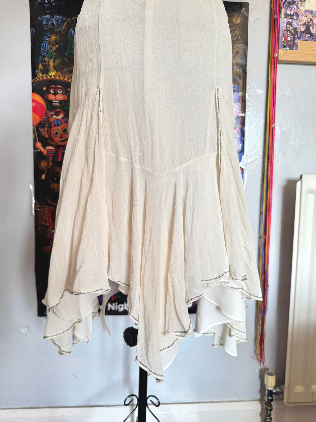 y2k vintage silk off white and black beaded midi dress with bulky layered hem fairycore