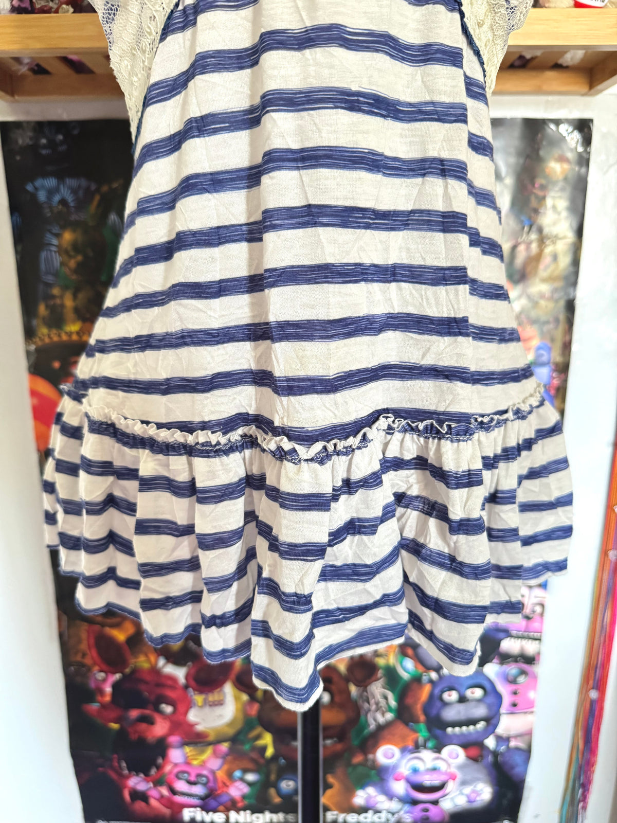 y2k vintage sailor vibes striped blue and white ruffle bottom cami top with lace trimmings