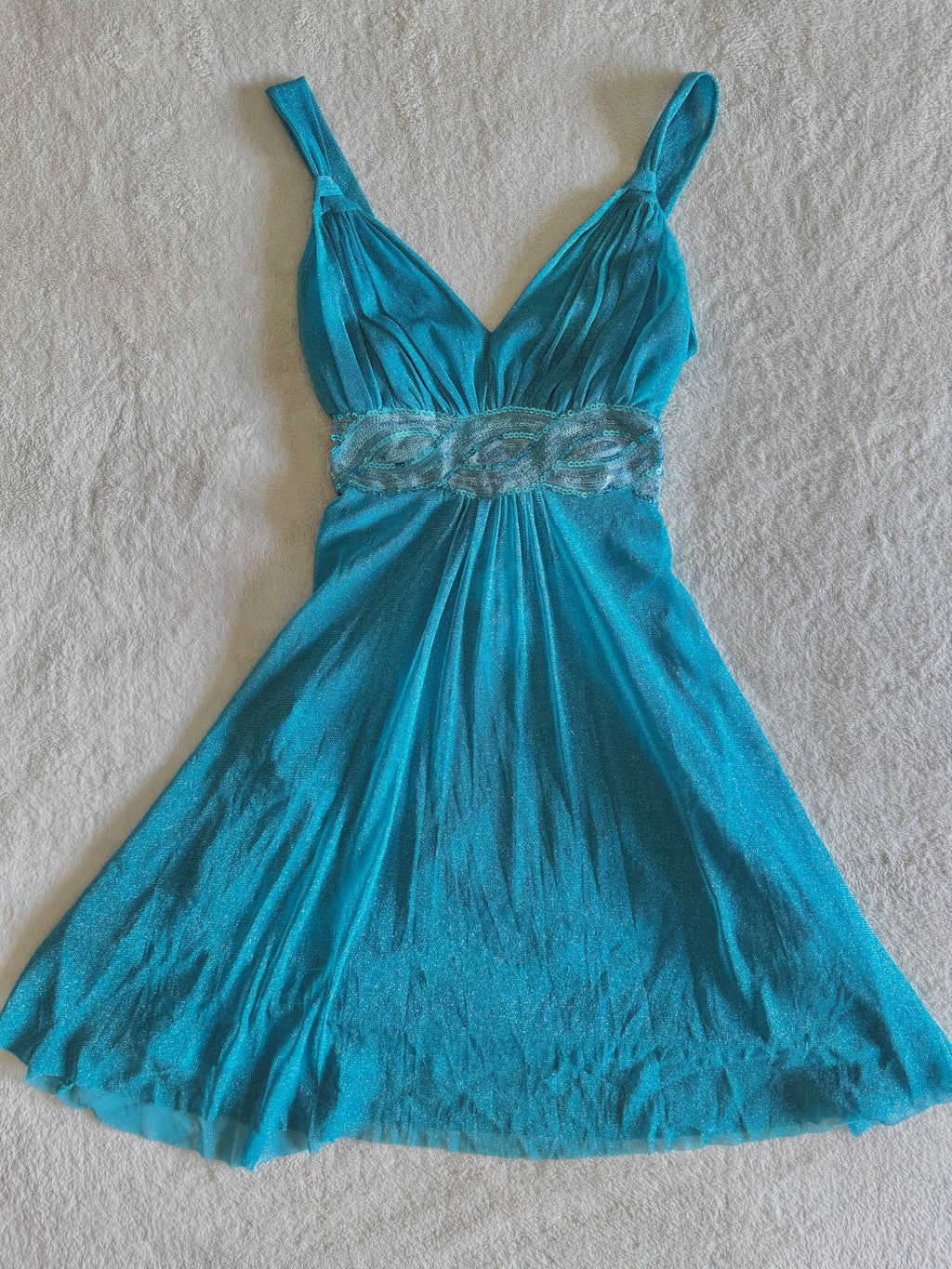 y2k vintage aqua blue shimmery tie back sequin mesh mini dress