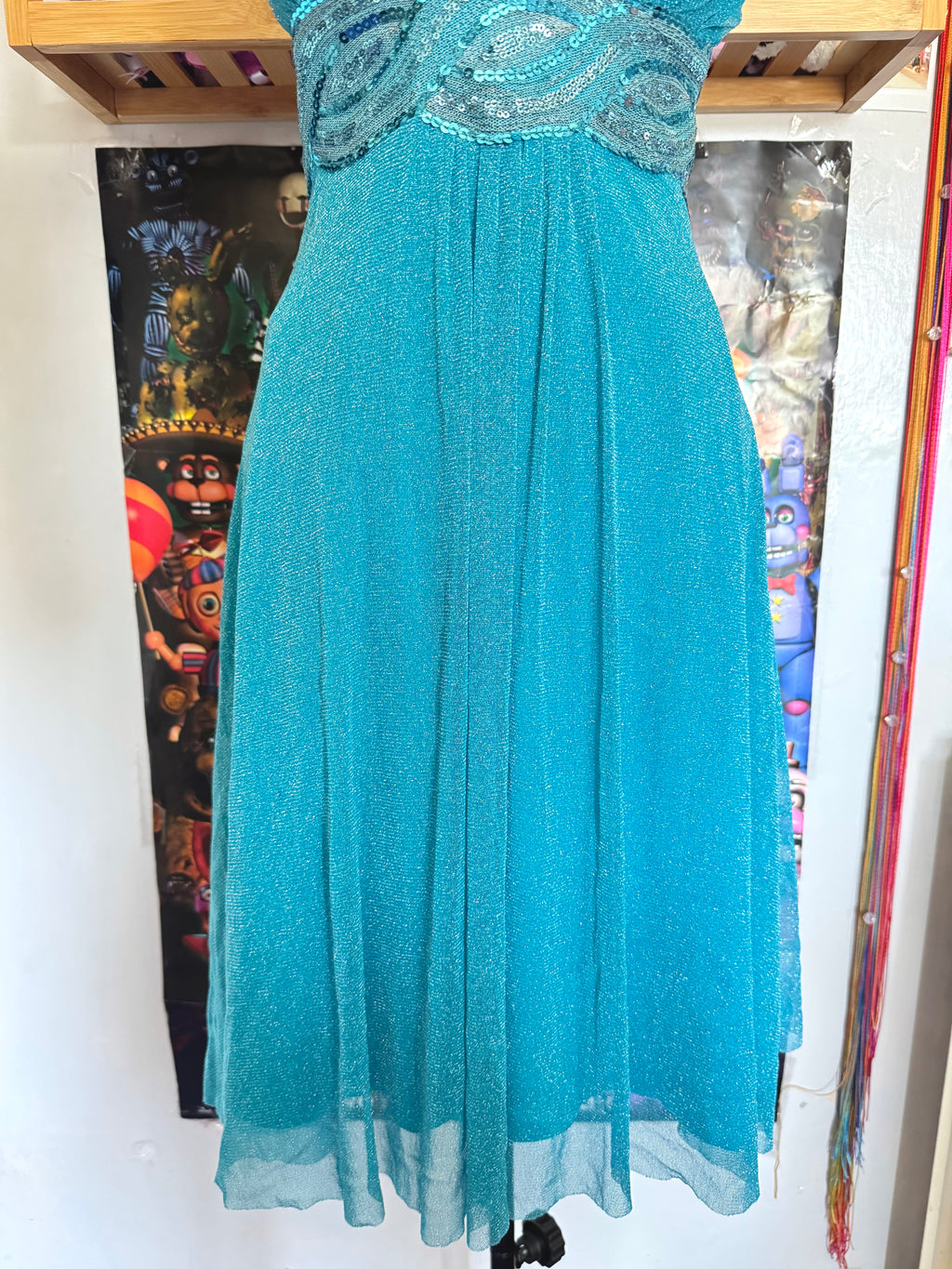 y2k vintage aqua blue shimmery tie back sequin mesh mini dress
