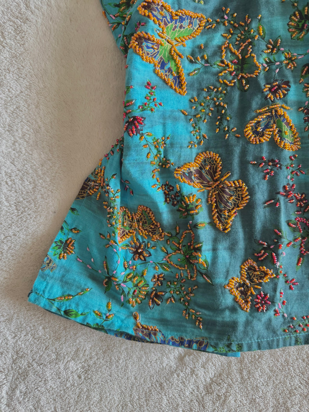 y2k vintage aqua and teal blue fitted beaded butterfly halterneck cami top