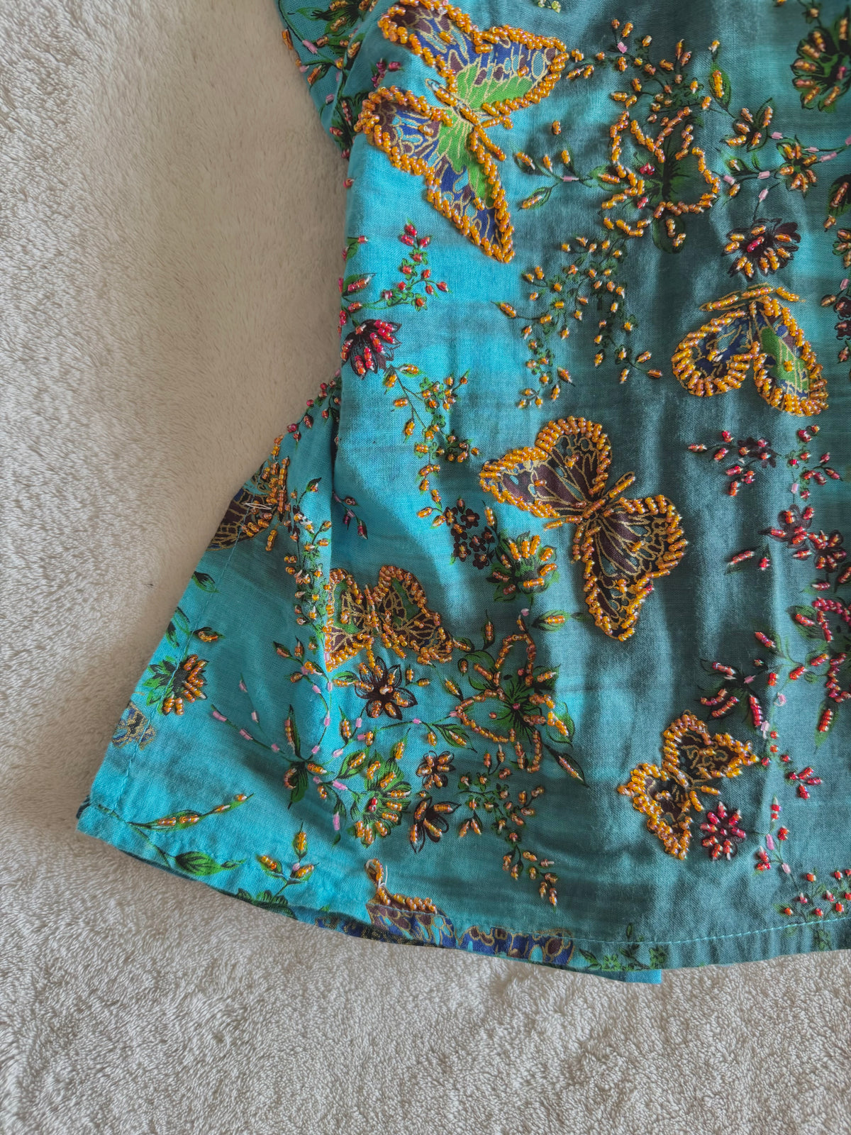 y2k vintage aqua and teal blue fitted beaded butterfly halterneck cami top