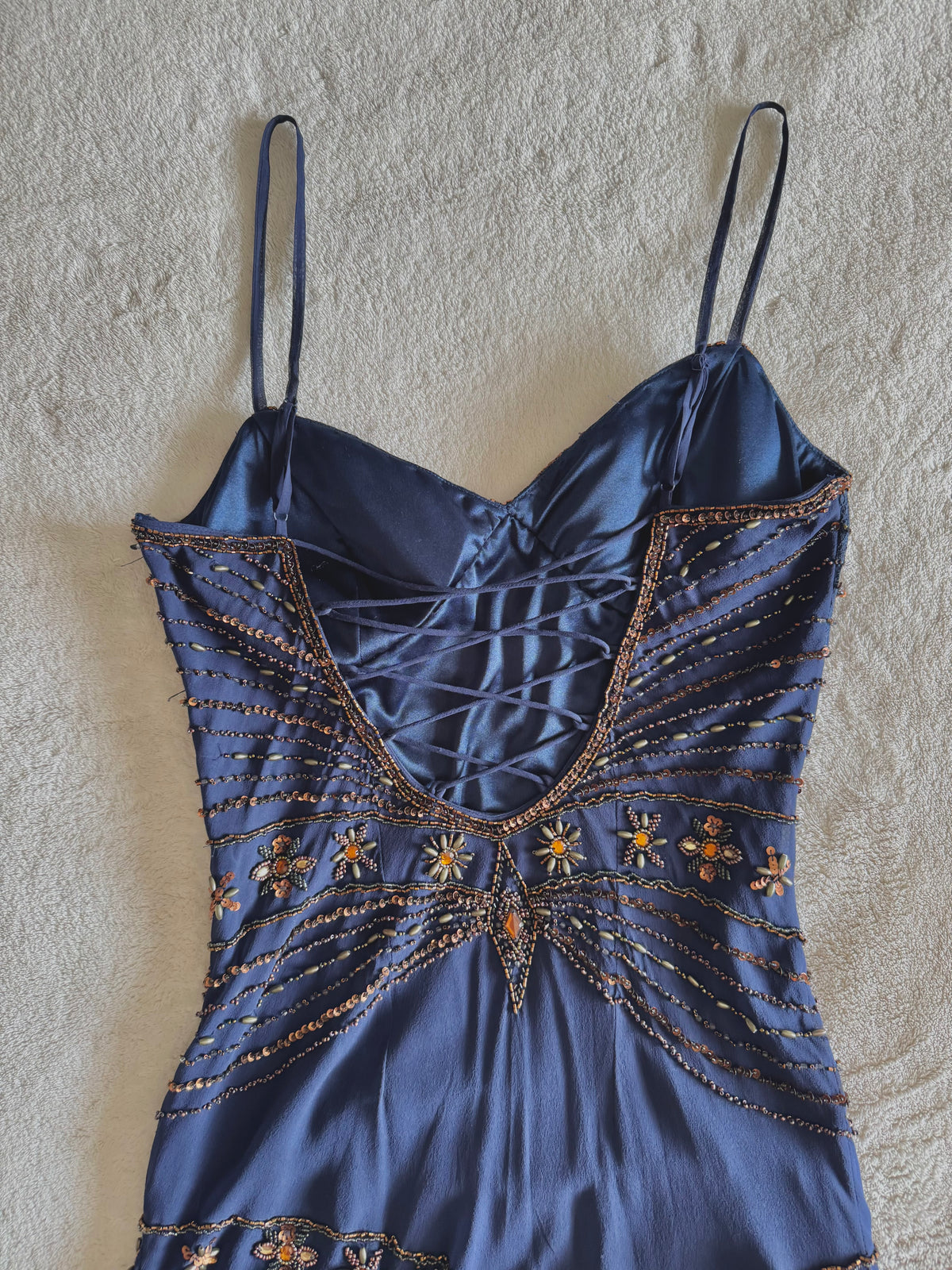 vintage 90’s royal navy blue silk dress gold and bronze beading embellishments astrology astronomy