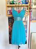 y2k vintage aqua blue shimmery tie back sequin mesh mini dress