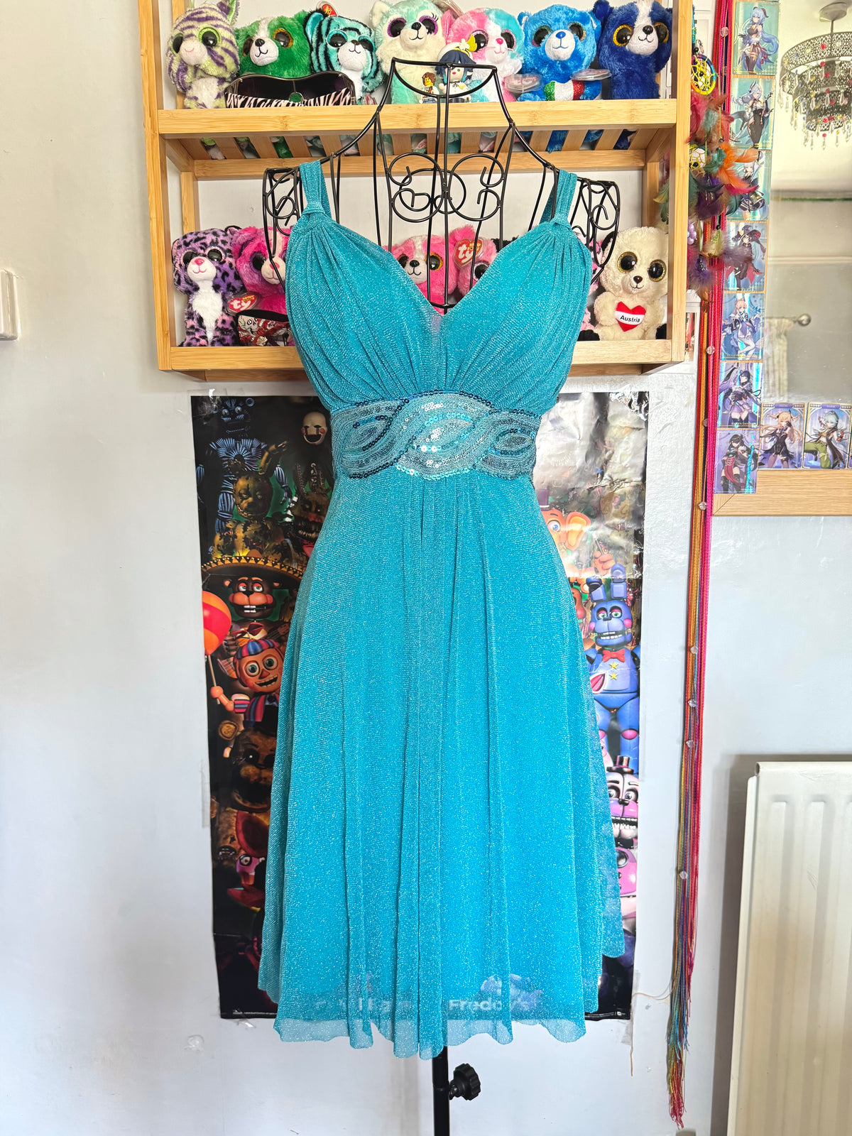 y2k vintage aqua blue shimmery tie back sequin mesh mini dress