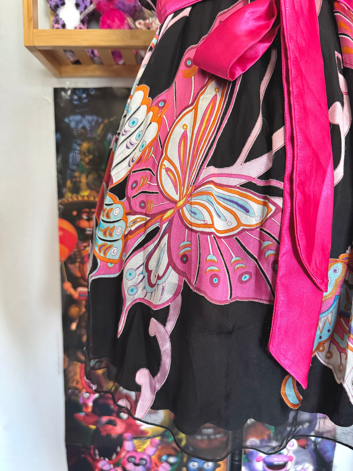 y2k vintage silk black and pink tie back butterfly cami top