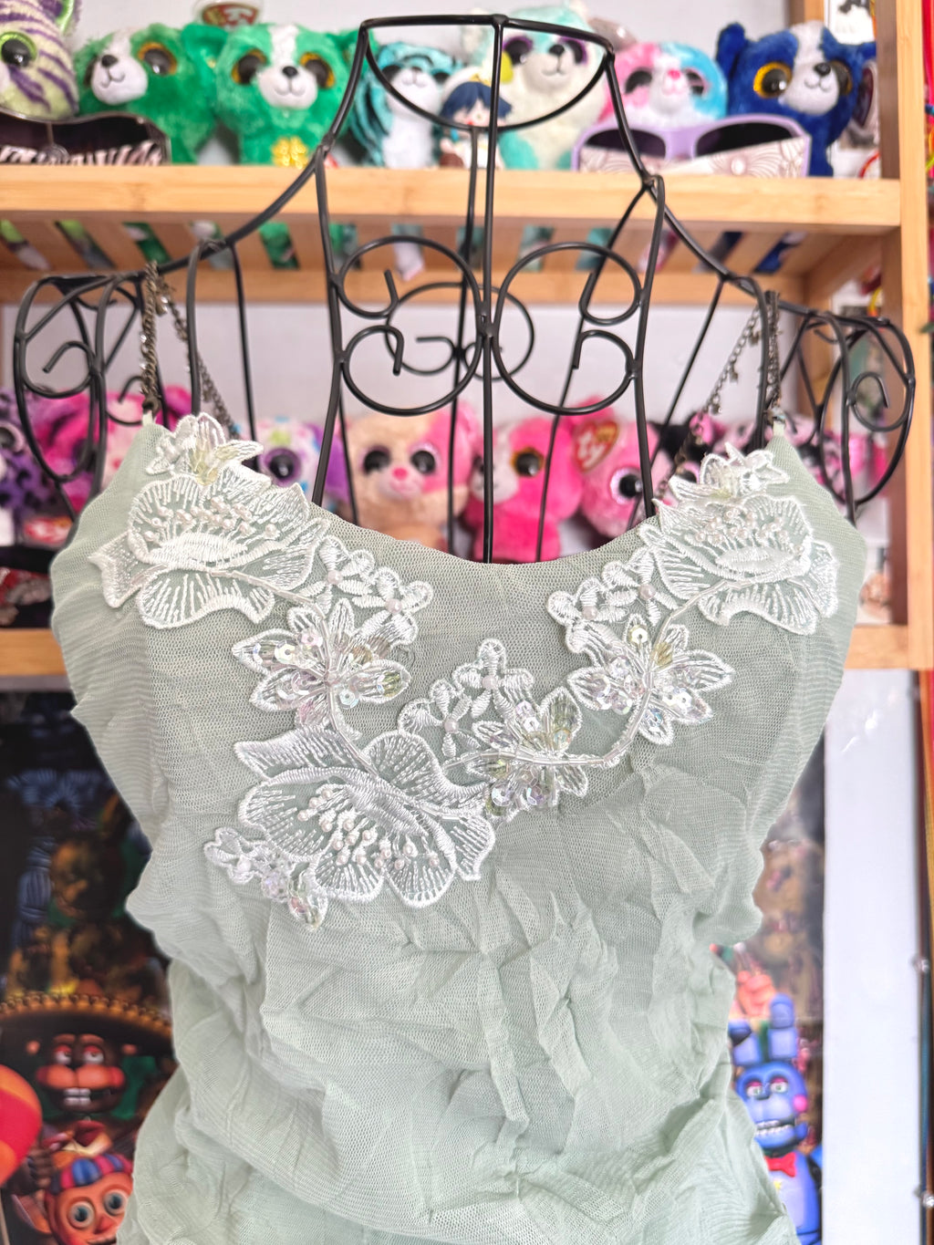 y2k vintage pale sage green mesh fitted cami top with lace trim and beaded chain straps