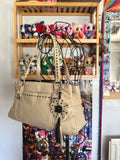 y2k vintage cream contrast stitching shoulder bag with flower charm