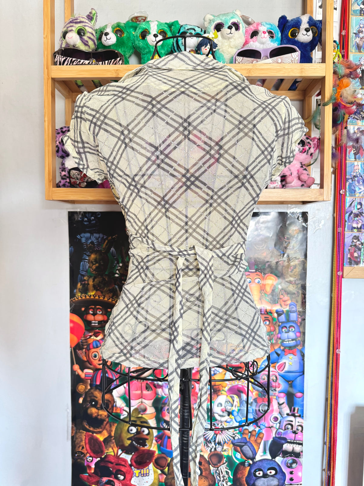 y2k vintage plaid print glittery tie back fitted blouse with built-in cami under