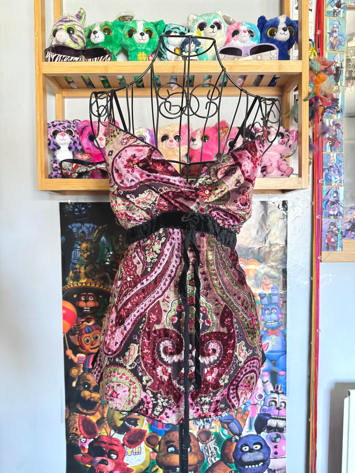 y2k vintage paisley print velvet mixed textures beaded cami top fairycore whimsical
