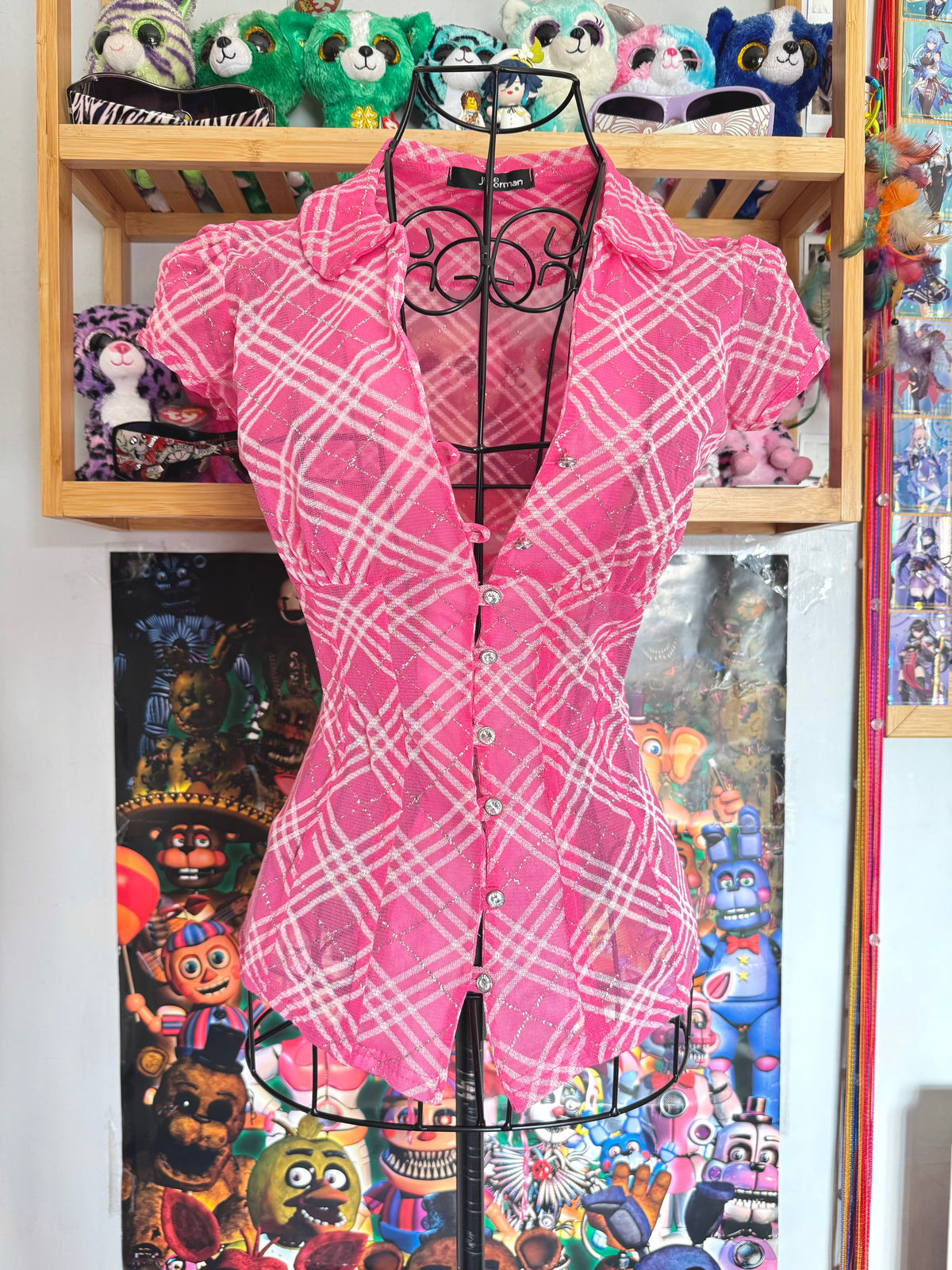 y2k vintage rare hot pink plaid glittery button up sheer blouse with lace up back mcbling