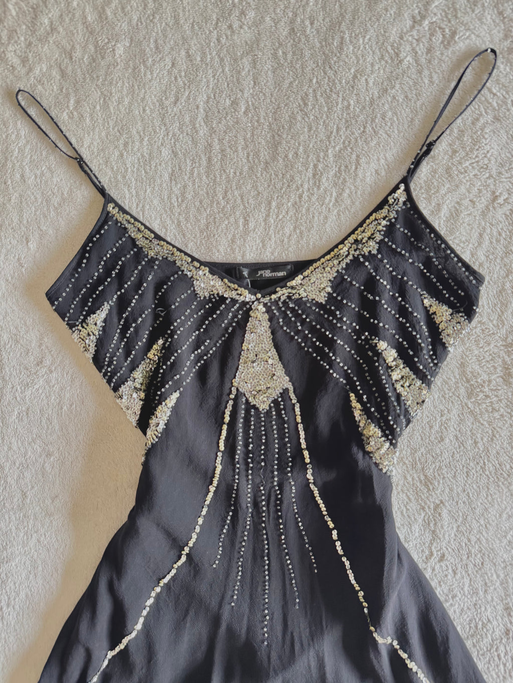 y2k vintage silk black and silver sequin embellished floaty mini dress