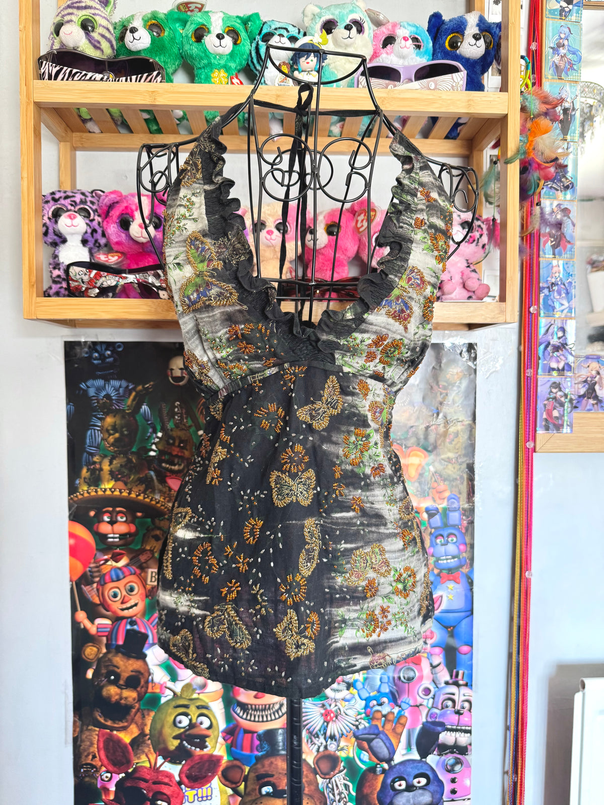 y2k vintage intentionally faded cotton handmade halterneck butterfly beaded cami top