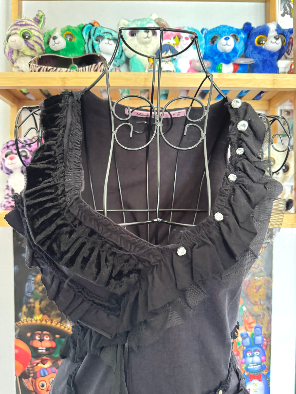 y2k vintage fitted sleeveless black vest top with lace trimmings and sequin embellishments