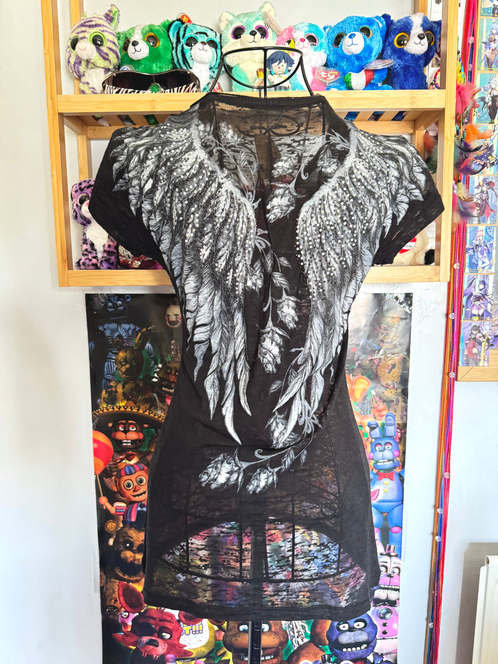 y2k vintage insane graphic angel wings print fitted sheer tee