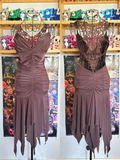 y2k vintage chocolate brown ruched fitted floral lace back fairycore mini dress