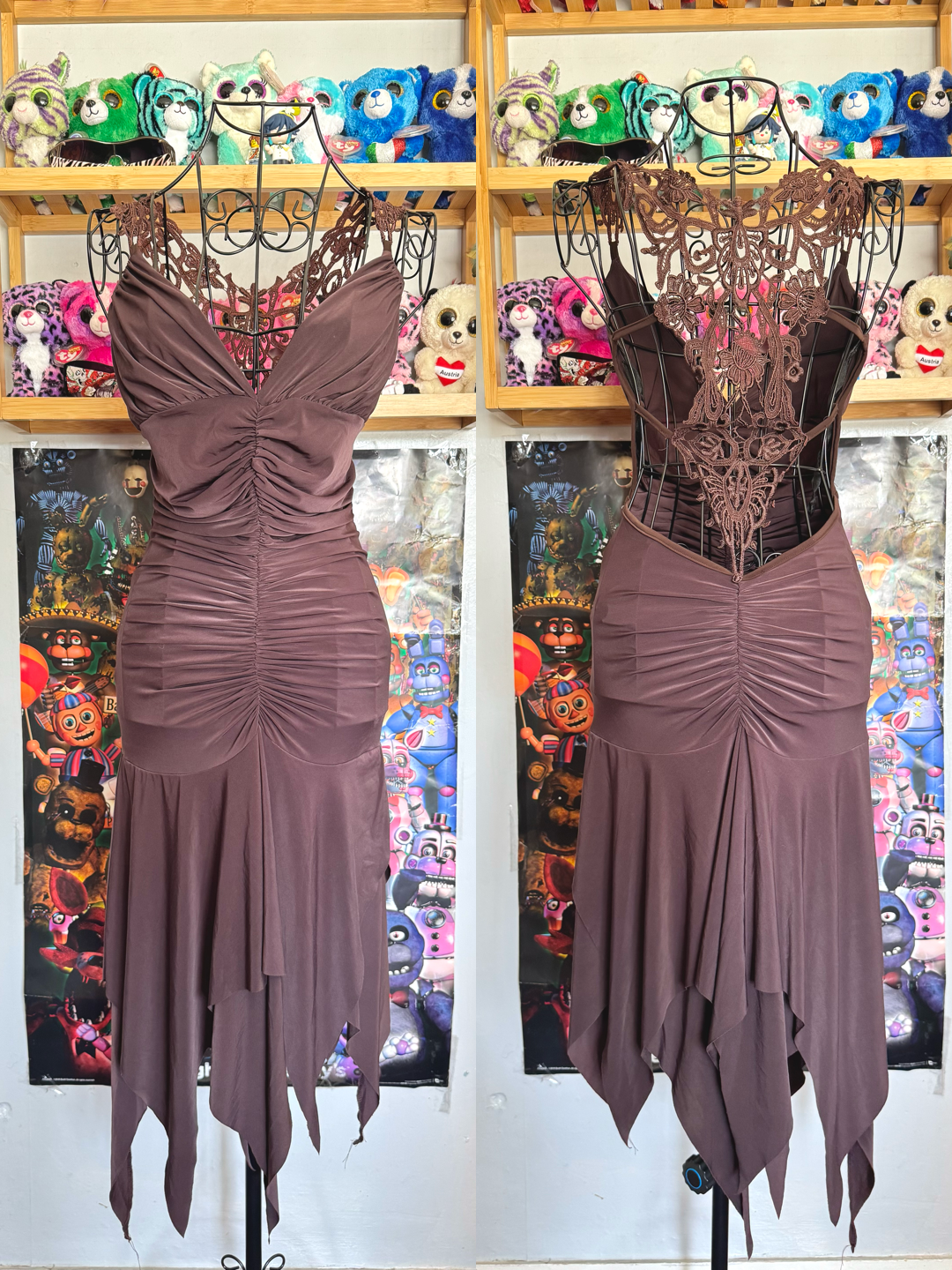 y2k vintage chocolate brown ruched fitted floral lace back fairycore mini dress