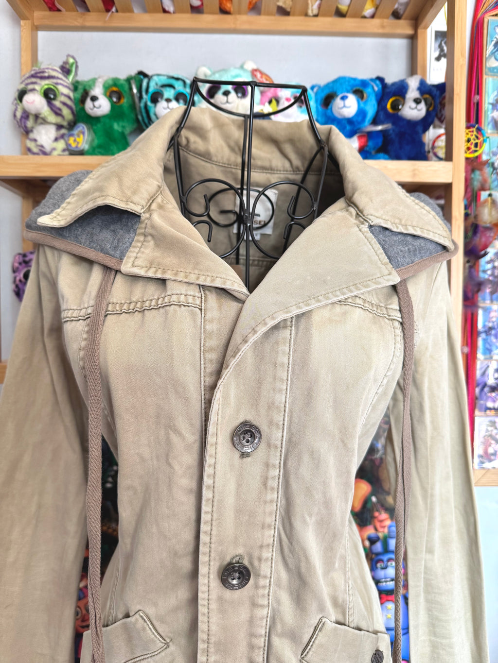 y2k vintage fitted button up archival hooded pleated trench coat archival drawstring