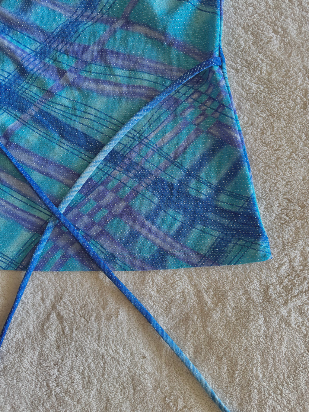 y2k vintage aqua blue fitted halterneck tie back top with glittery shimmer throughout