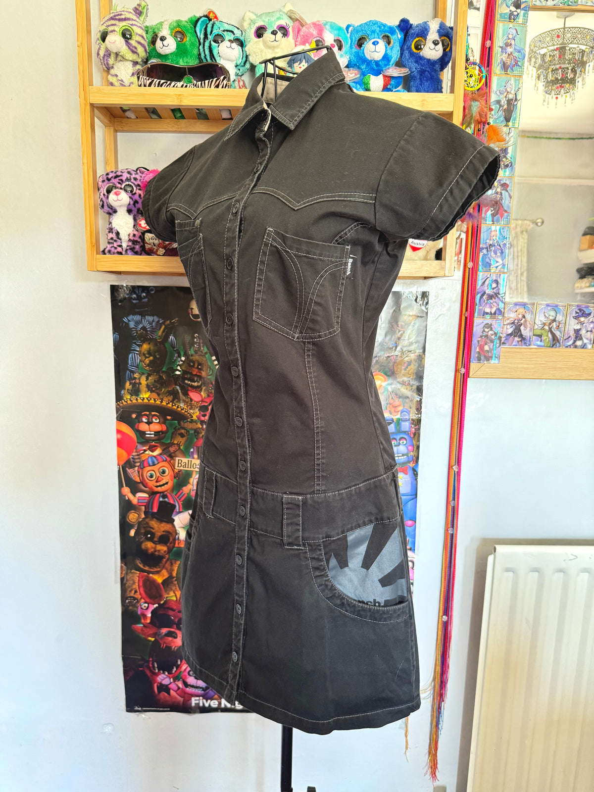 y2k vintage grungy black button up cargo utility style mini dress
