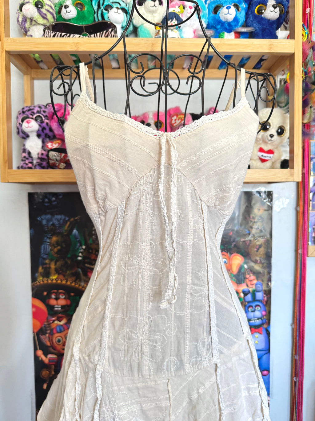 y2k vintage cream cotton fairy midi dress with ruffle layered hem