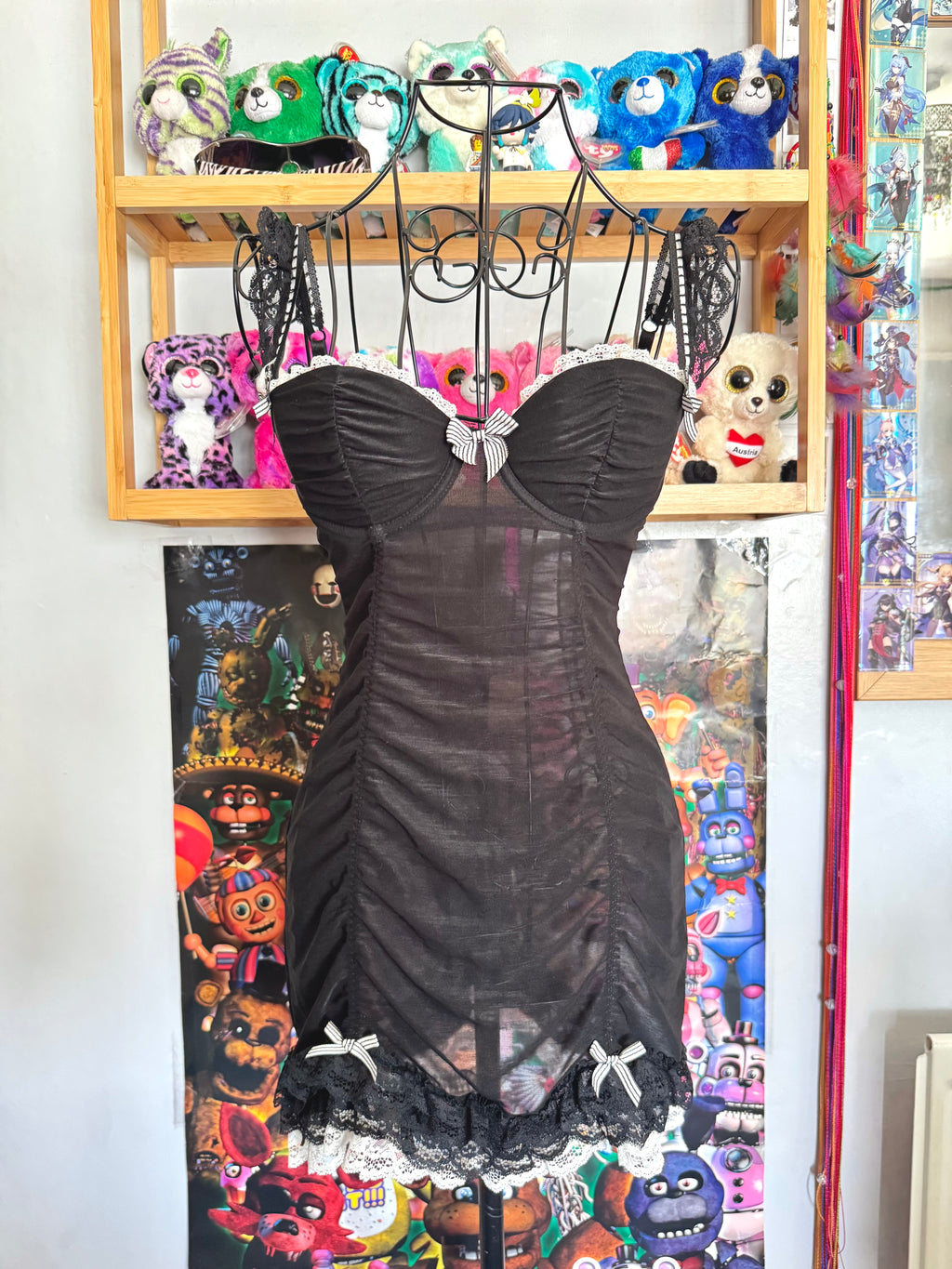 y2k vintage black ruched fitted sheer mesh babydoll top gothic
