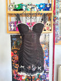 y2k vintage black ruched fitted sheer mesh babydoll top gothic