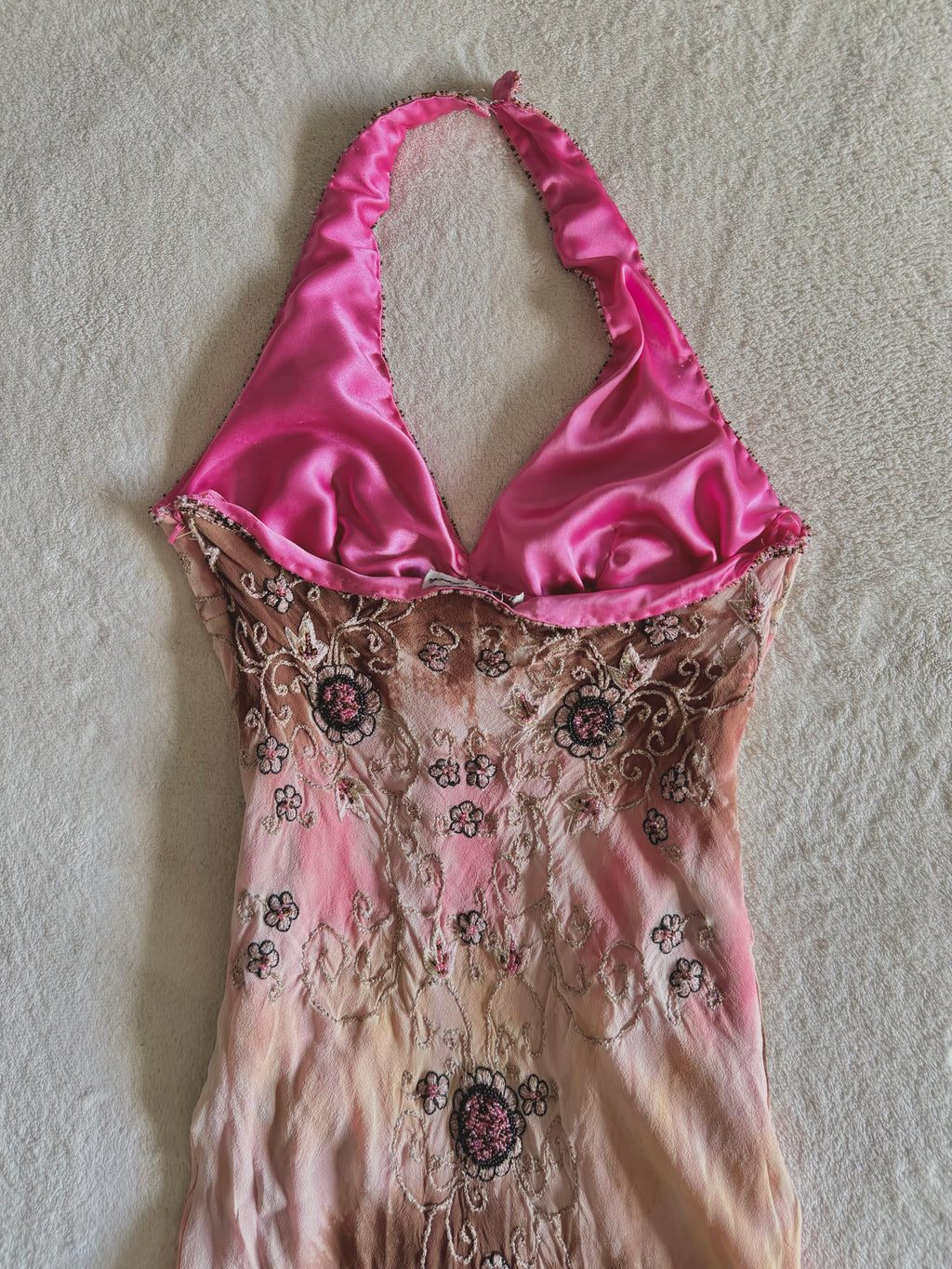 90’s vintage silk pink and brown beaded floral pattern halterneck mini dress fairycore
