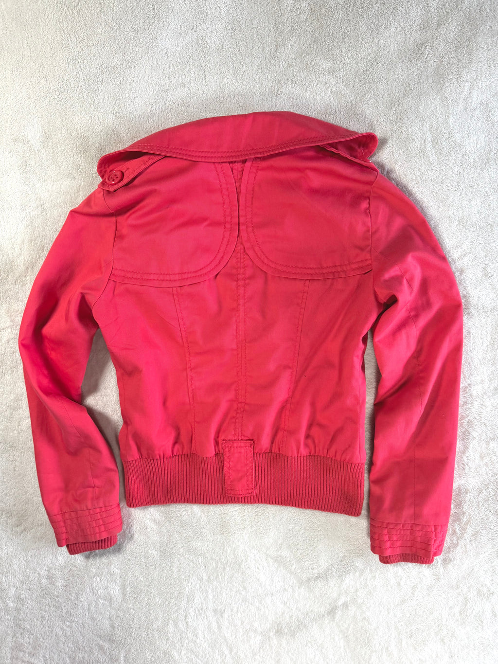 y2k vintage coral red fitted bomber jacket peacoat with zip pockets and chunky buttons