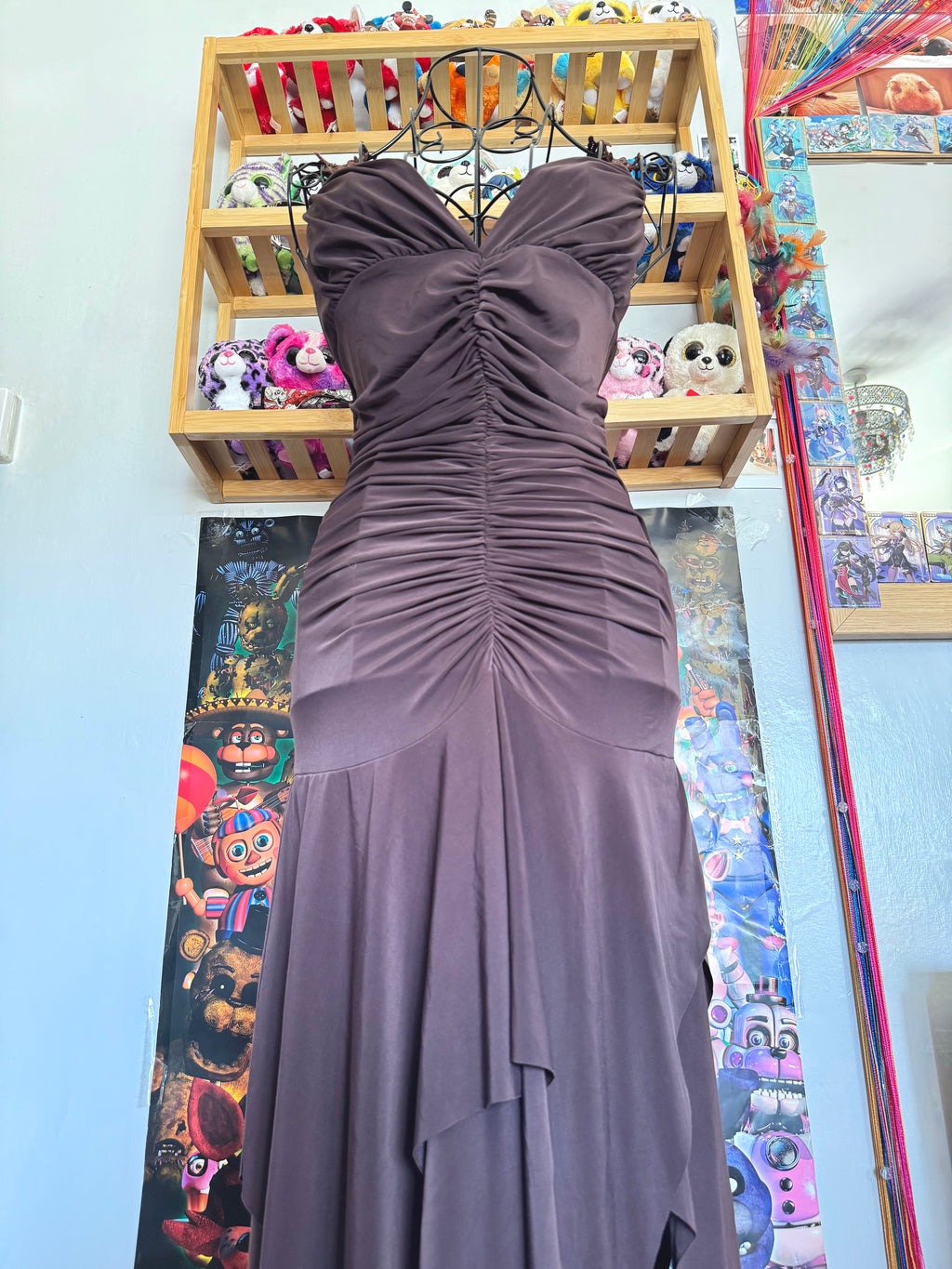 y2k vintage chocolate brown ruched fitted floral lace back fairycore mini dress